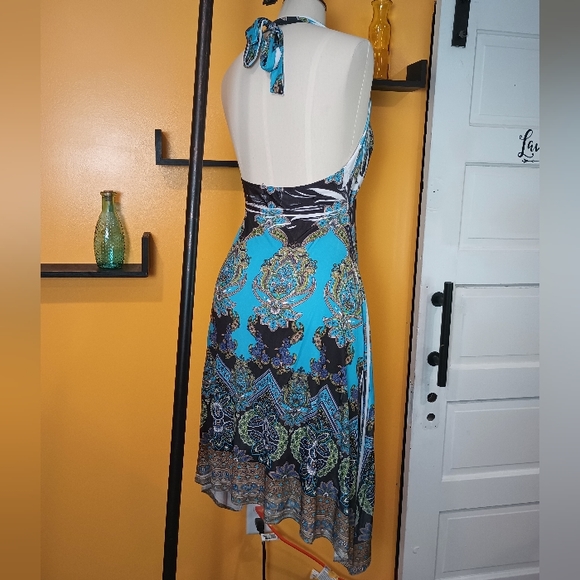 Chelsea Blue White and Green Floral Halter Dress Size M - Picture 9 of 13